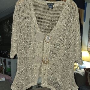 Metallic Open-Weave Short Sleeve Cardigan with Decorative Buttons
